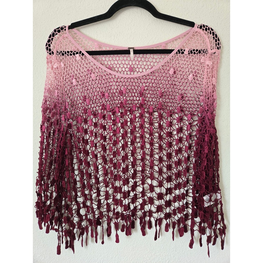 Free People Pink Ombre Mesh Fringe Top Medium Boho Festival Fairy Sheer Romantic - Picture 2 of 12
